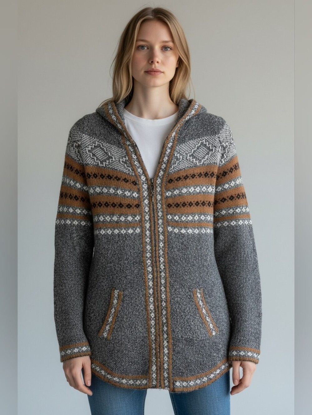 Papillon Blanc Gray and Camel Fair Isle Hooded Zip Sweater SZ S
